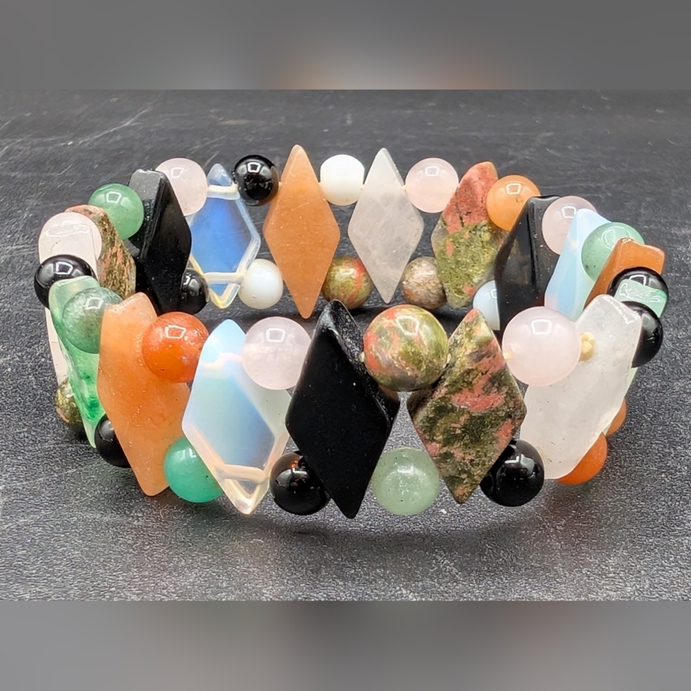 Multicolored Semiprecious Stone Treasure Bracelet, Elasticated